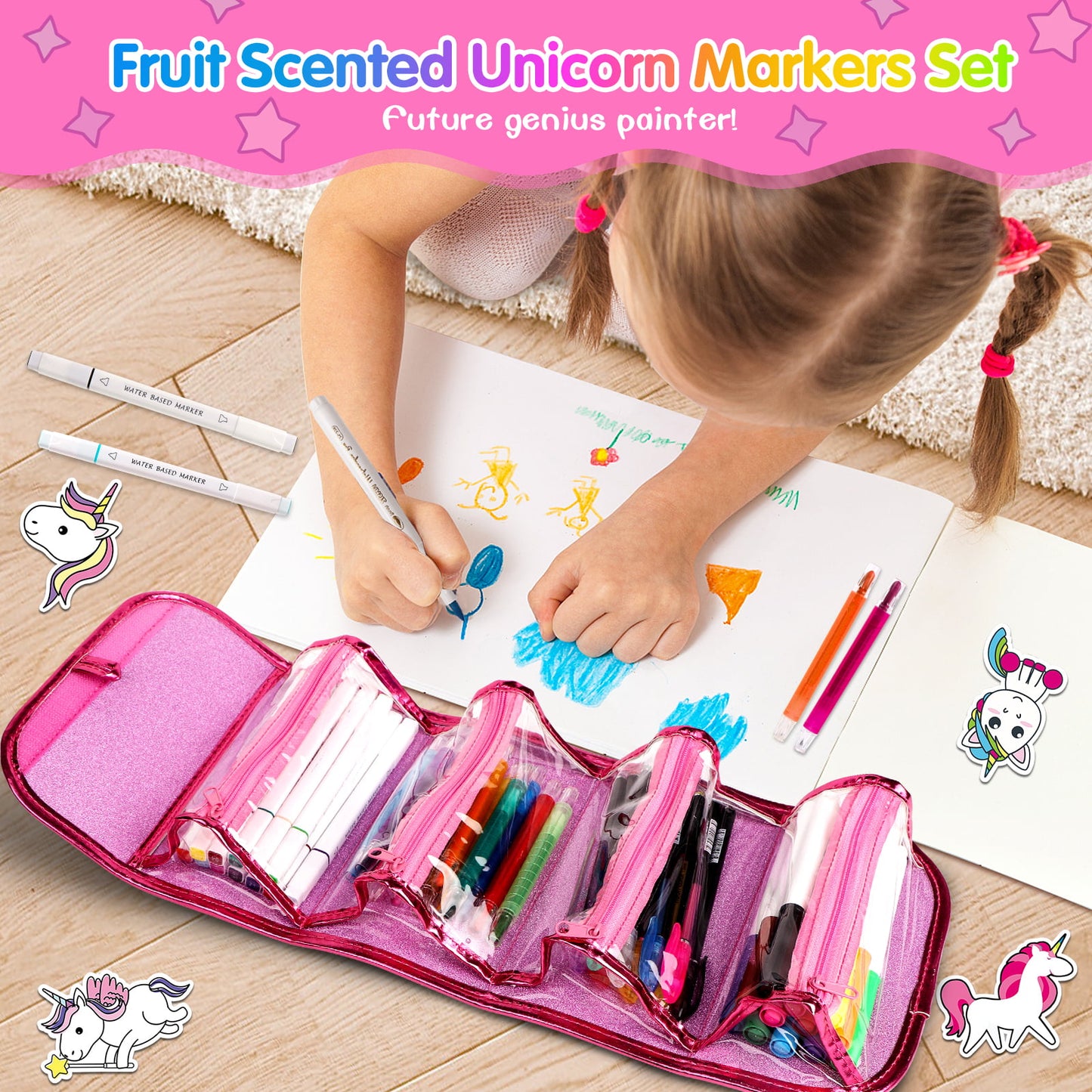 Scented Markers Set, 56 Pcs with Unicorn Pencil Case, Unicorn Gifts for Girls Ages 4-6-8, Art Supplies for Kids, School Supply Kit Christmas Birthday Gift for Girls 3+