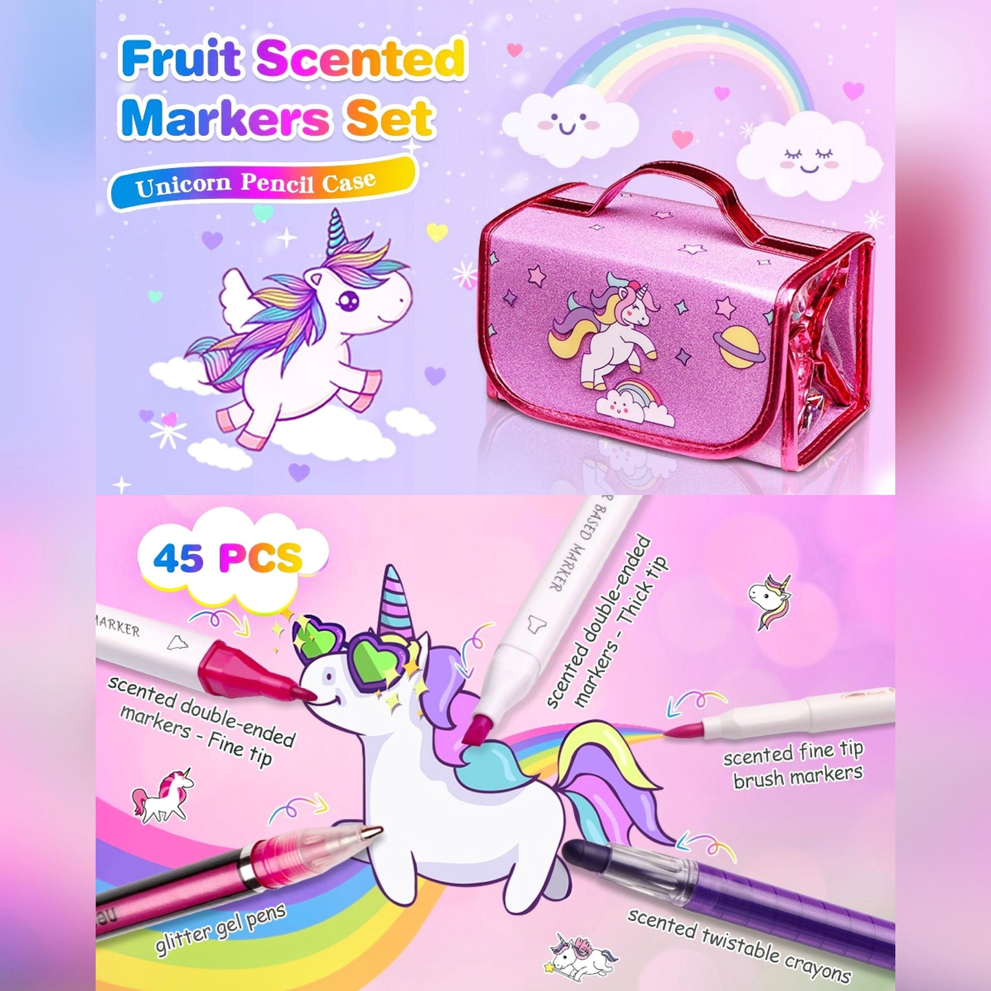 Scented Markers Set, 56 Pcs with Unicorn Pencil Case, Unicorn Gifts for Girls Ages 4-6-8, Art Supplies for Kids, School Supply Kit Christmas Birthday Gift for Girls 3+