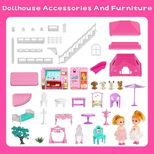 Dollhouse Toys for Girls, 6 Rooms Doll House Furnitures with Slide, Dream House Doll Play for Girls Age 3+