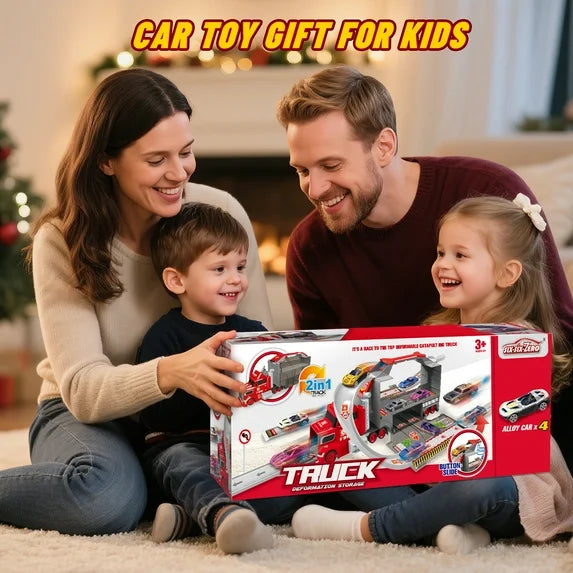 2-in-1 Carrier Truck Race Track Playset, 37" Extra-Long Track w/ Parking Lot, 17" Transporter Carrier 4 Metal Mini Cars, Educational Gift Racing Toy for Boys & Girls Ages 3-8