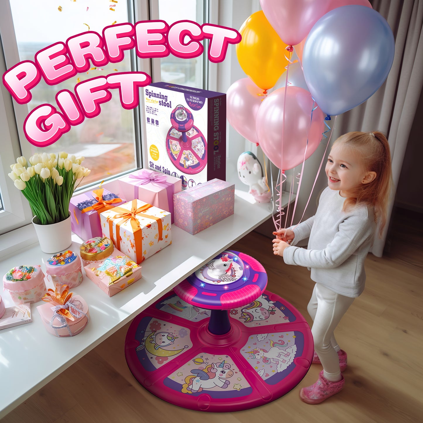 Unicorn LED Sit and Spin Toy for Toddlers 1-3 with Music, 360° Spinning Fun for Girls Christmas Birthday Gifts, Light up Twister Toy for Kids 18 Months+