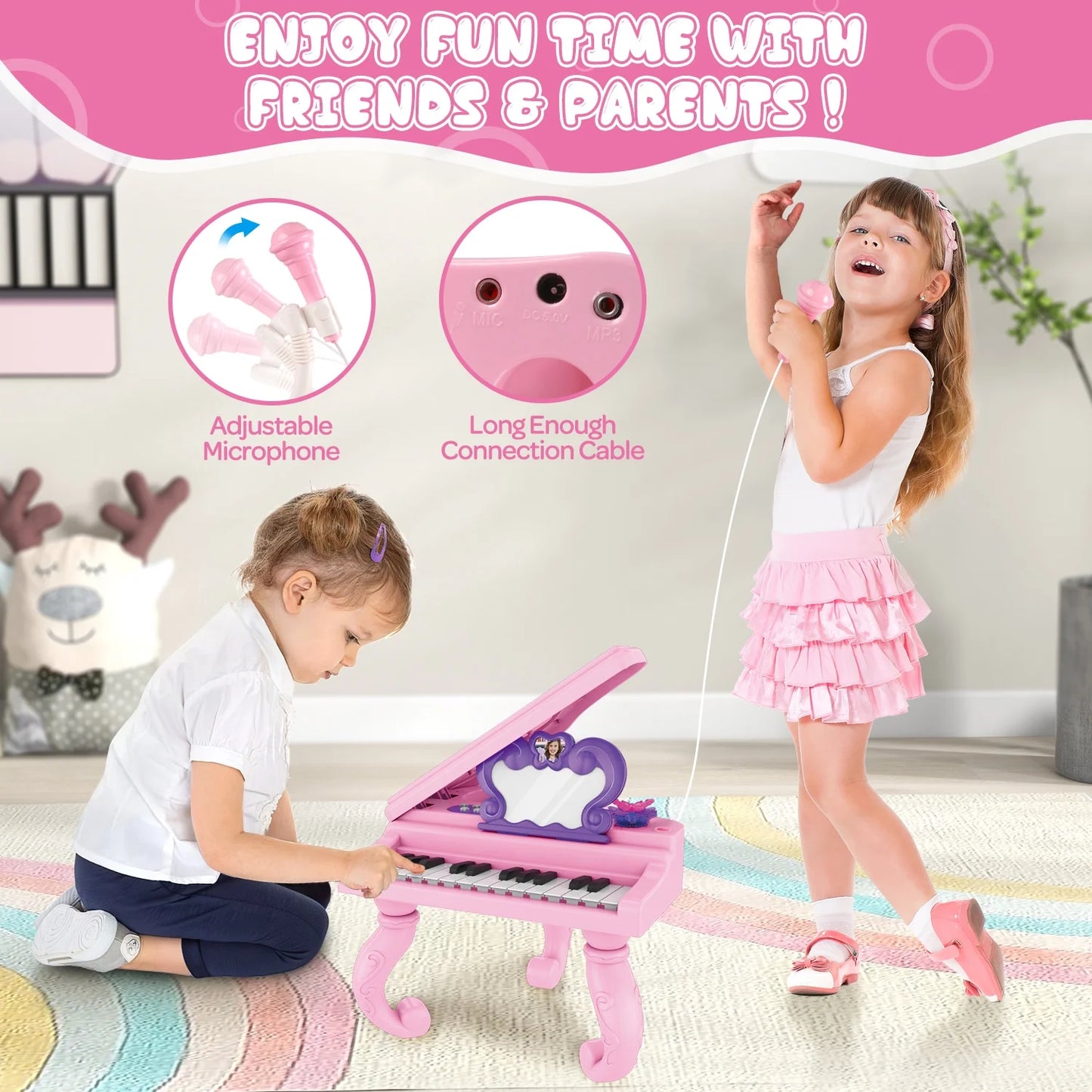 Piano Keyboard Toy for Girls - 24 Keys Toddler Piano Music Toy Instruments with Microphone, Pink Piano Toys for 1 2 3 Years Old Girls Birthday Xmas Gift