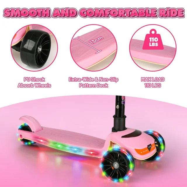Pink Scooter for Kids 3-5, LED Light-up Wheels&Deck, Folding Kick Scooter for Girls in Adjustable Height w/ Music, Birthday Christmas Gift Outdoor Toys for Girls 6-12
