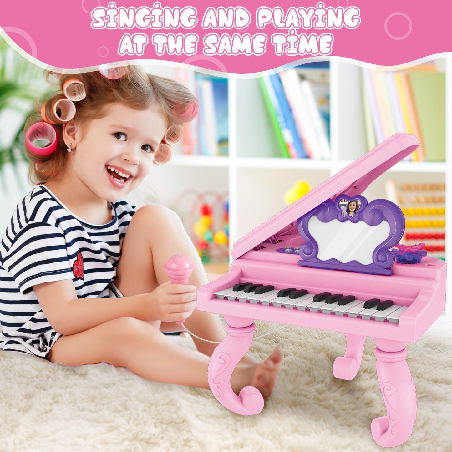 Piano Keyboard Toy for Girls - 24 Keys Toddler Piano Music Toy Instruments with Microphone, Pink Piano Toys for 1 2 3 Years Old Girls Birthday Xmas Gift