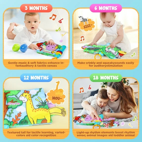 Musical Cloth Book Toy, Soft Crinkle Book with Animal Sounds & 3D Tails, Tummy Time Book Sensory Toy for Kids, Tear-Resistant Fabric, Girl Boy Easter Christmas