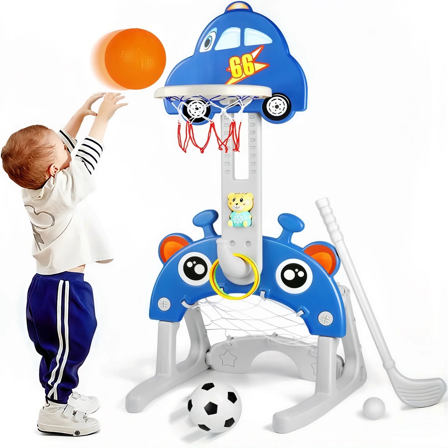 5 in 1 Sports Activity Center for Toddlers, Adjustable Height Basketball Hoop, Toy Golf, Soccer Game&Ring Toss, Indoor/Outdoor Christmas Birthday Gifts for Boys&Girls Aged 3-6