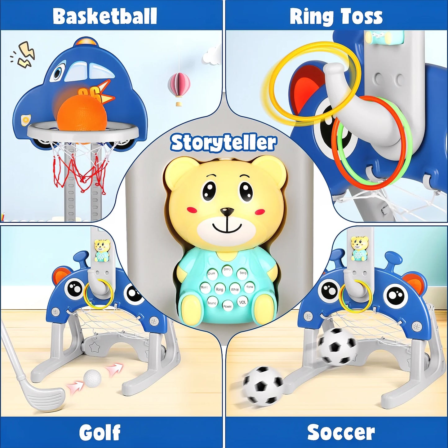 5 in 1 Sports Activity Center for Toddlers, Adjustable Height Basketball Hoop, Toy Golf, Soccer Game&Ring Toss, Indoor/Outdoor Christmas Birthday Gifts for Boys&Girls Aged 3-6