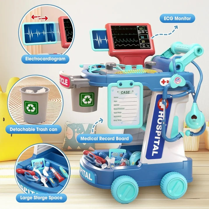 Doctor Trolley Cart for Kids 3+, Doctor Pretend Playset with Stethoscope for Toddlers, Role Play Christmas Gift Toys for Boys Girls 3 4 5 6(Blue)