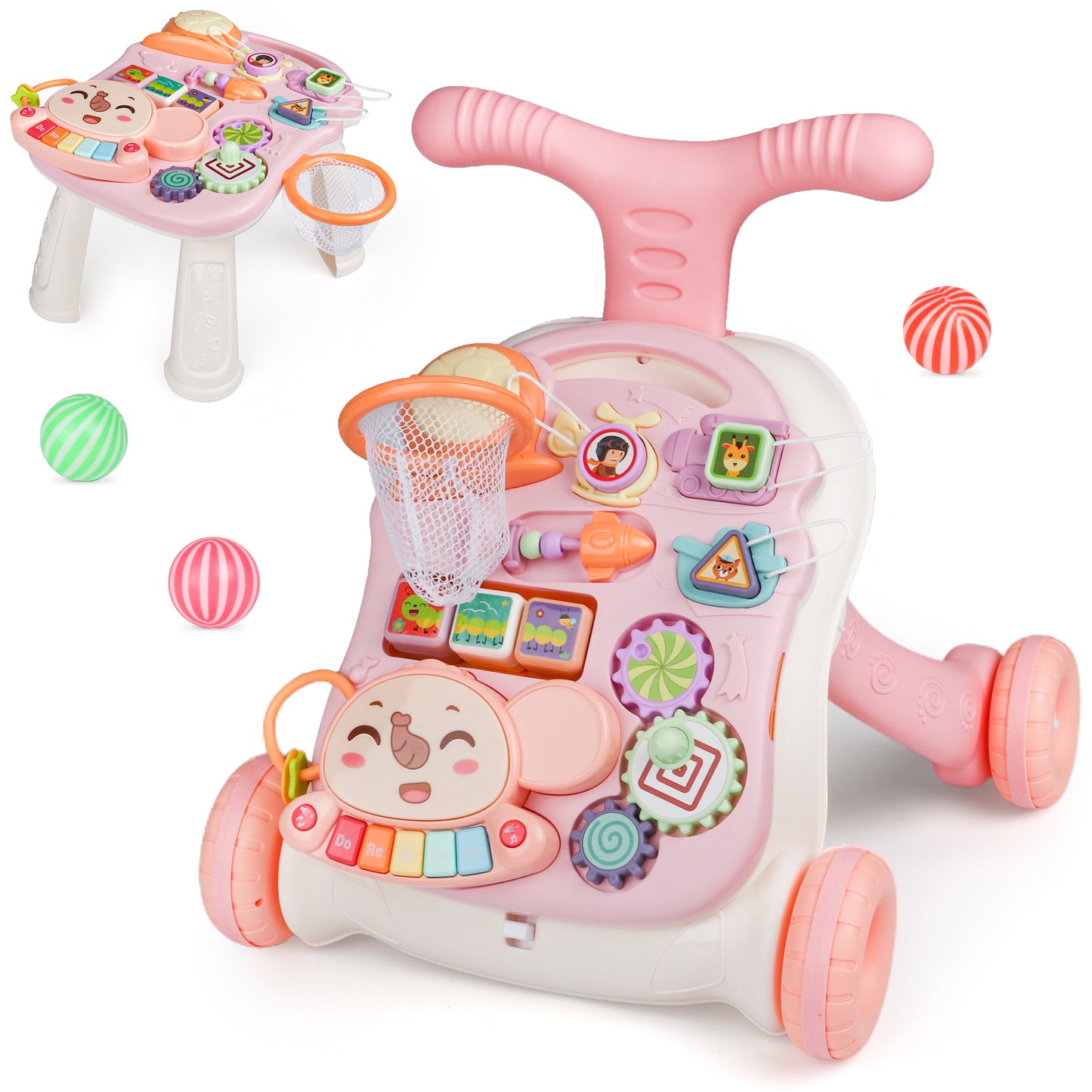 3-in-1 Baby Walker and Learning Table Center, Perfect Learning Toys Christmas Gift for Infants 6-12 Months, 17.3 Inch Perfect for Early Development & Playtime for Girls Boys-Pink