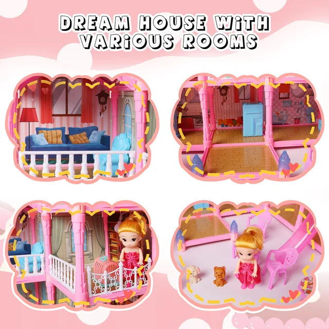 Dollhouse For Toddlers Girls With Lights 14 Rooms Pink Diy Pretend Play Building Playset, Doll House For Kids Girls Age 3+ Gift