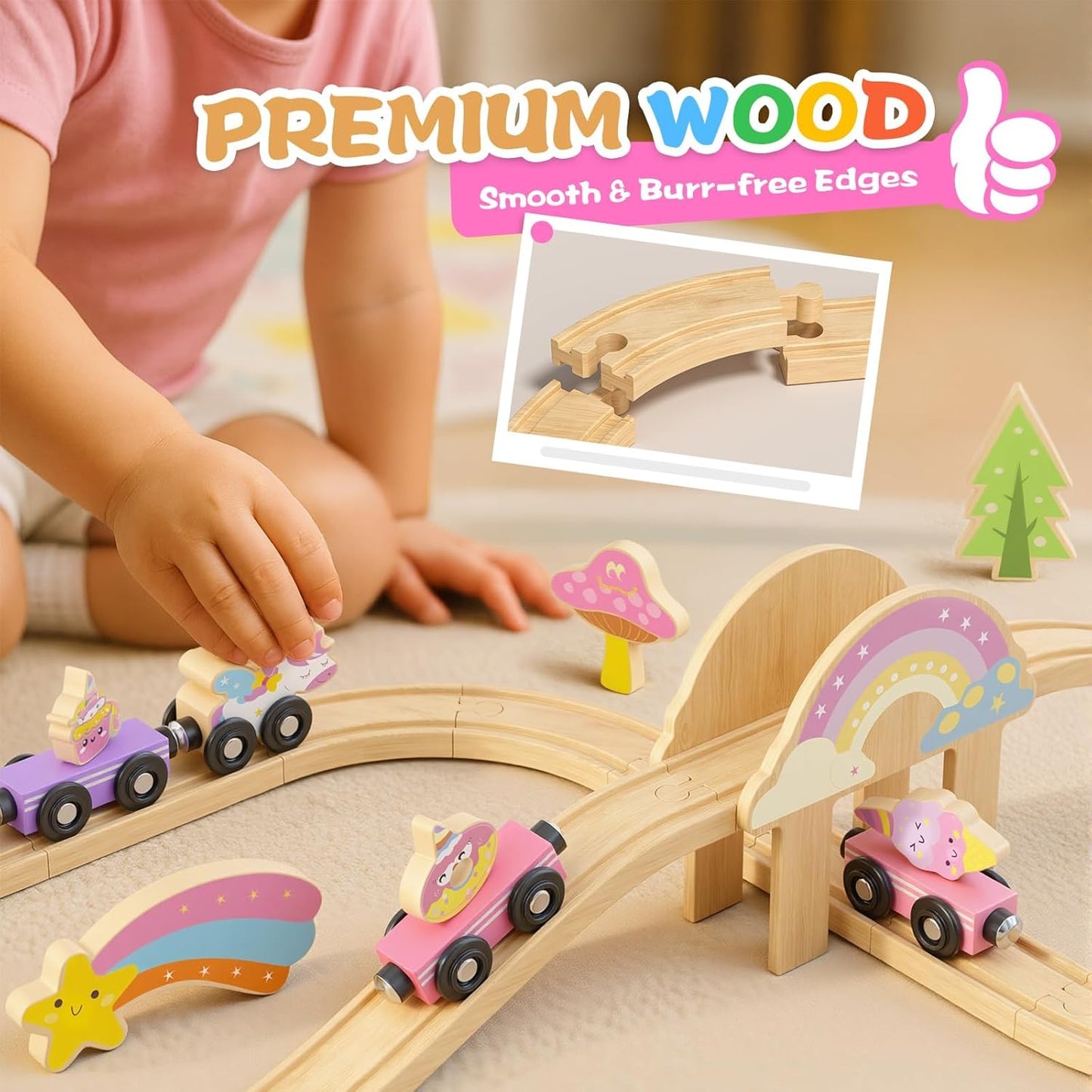Hot Bee Wooden Train Set, 38-Piece Unicorn Train Set for Toddler Girls 2-4, Pink Wooden Train Track Set with Fairies & Unicorns, Learning Activities Educational Train Toys Birthday Gifts Ages 3 5 6 7