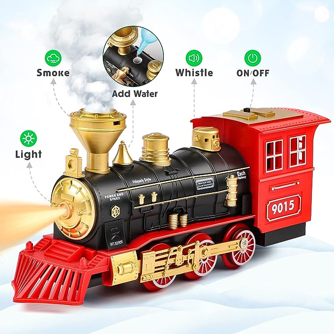 Train Set for Kids,with Steam Locomotive Engine, Cargo Car and Long Track for Toddlers, Train Toys with Steam, Light and Sounds, Christmas Gift for Kids, Boys & Girls 3-12 Years