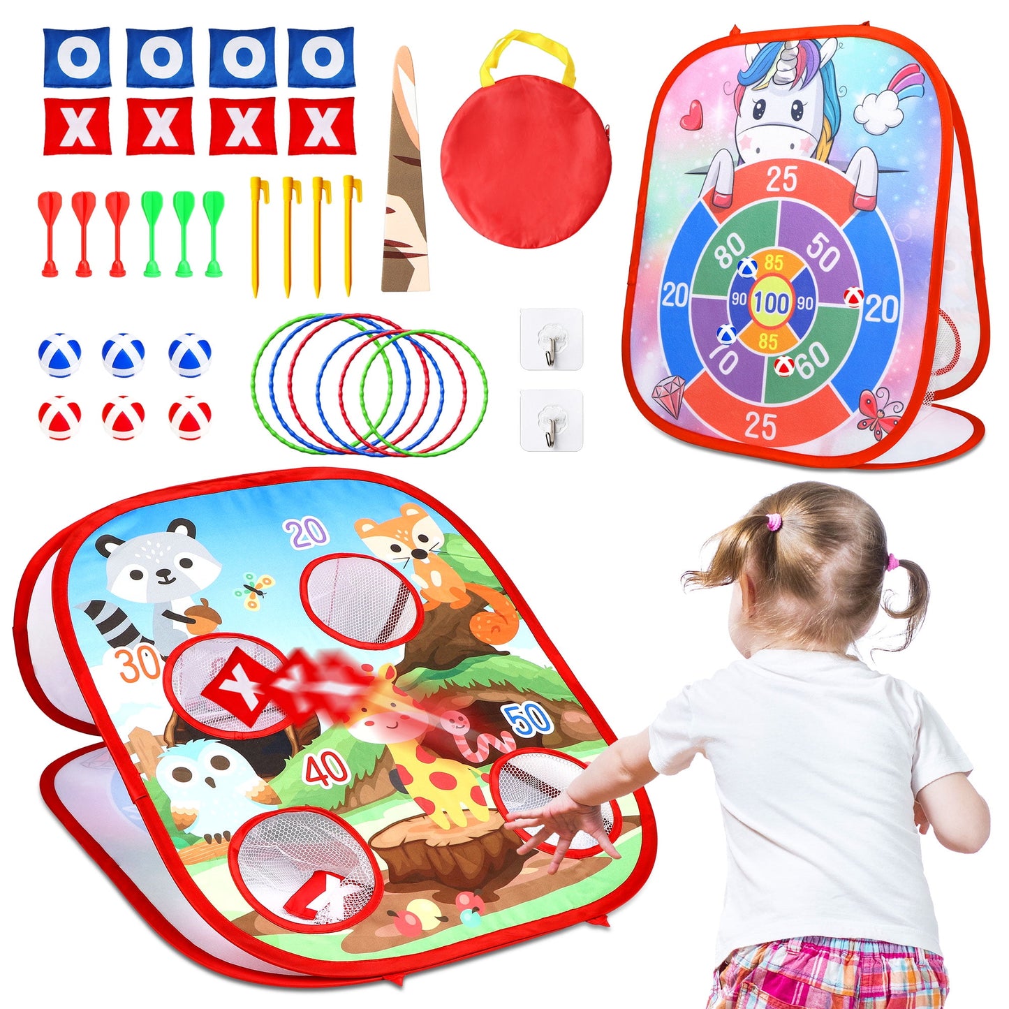 Unicorn Bean Bag Toss Game for Kids, 5 in1 Portable Outdoor Indoor Party Games, Kids Corn hole Game Set for 3+