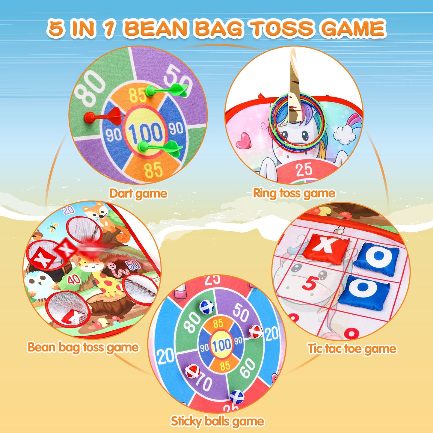 Unicorn Bean Bag Toss Game for Kids, 5 in1 Portable Outdoor Indoor Party Games, Kids Corn hole Game Set for 3+