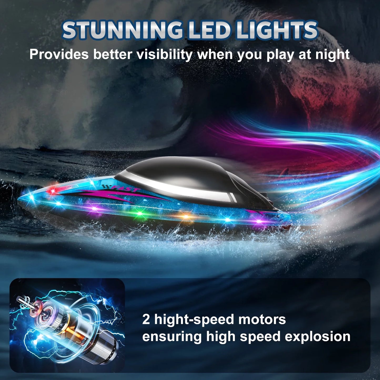 RC Boat for Kids 8-12, Fast Remote Control Boat for Water Pools with LED Lights, 2.4 GHz Racing Boats for Kids & Adults with Rechargeable Battery, Capsize Recovery, Gifts for Boys Girls