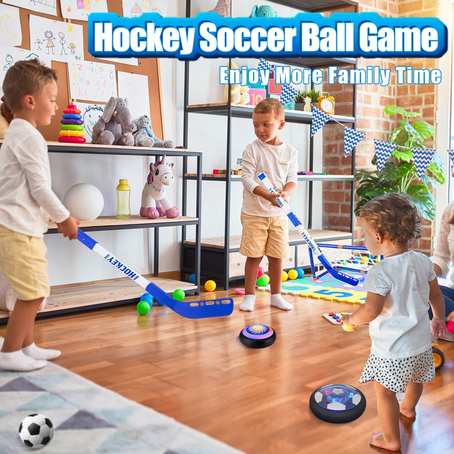 Hover Soccer Ball Set with 2 Goals, 3-in-1 LED Soccer Hockey Bowling Set Indoor/Outdoor Toys Gifts for Kids Boys Girls Ages 3+