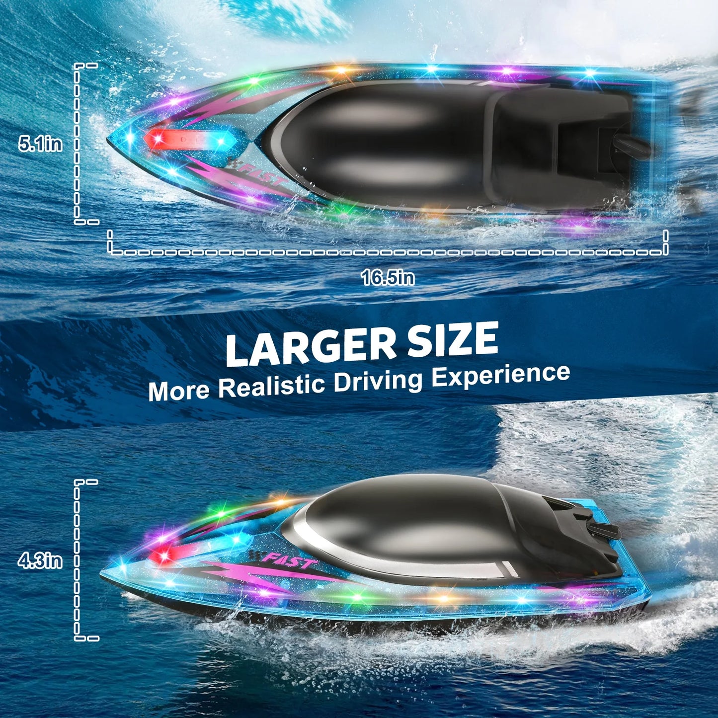 RC Boat for Kids 8-12, Fast Remote Control Boat for Water Pools with LED Lights, 2.4 GHz Racing Boats for Kids & Adults with Rechargeable Battery, Capsize Recovery, Gifts for Boys Girls