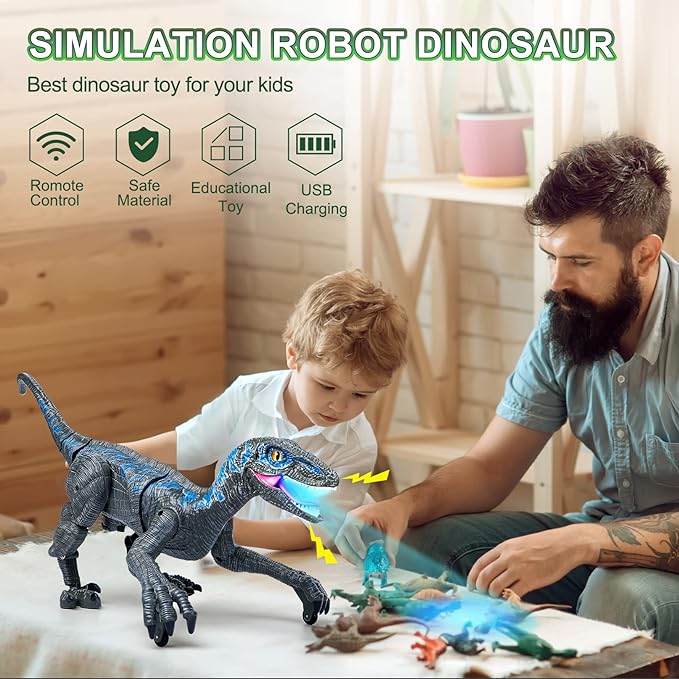 Remote Control Dinosaur Toys, Jurassic Roaring Walking Velociraptor RC Robot Toys for Kids 4+ Years Old