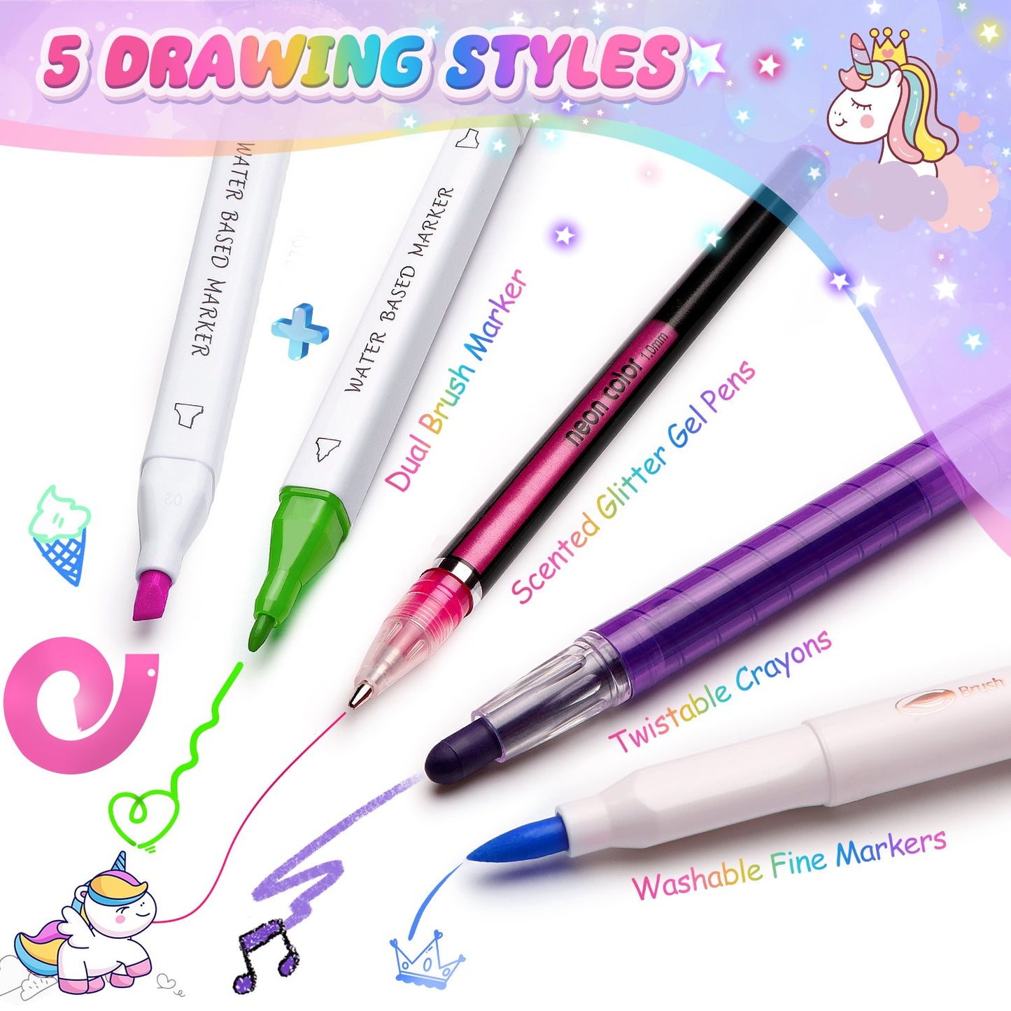 Unicorn Marker Set for Kids 4-6-8, 67 Pcs Pencil Case with Scented Washable Pens, Unicorn Stickers, Twistable Crayons, School Art Supplies Creative Christmas Gift Toys for Girls Boys 3+