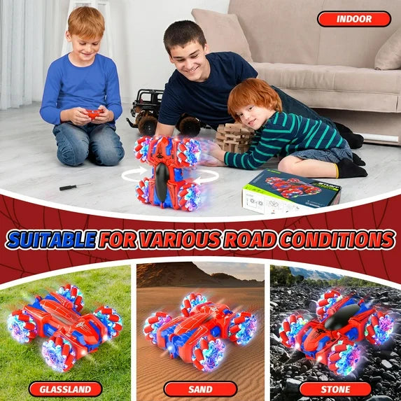Double-Sided RC Stunt Car, 360° Spins Spider 4WD Remote Control Vehicle with Side-Driving, LED Lights & All-Terrain Tires, Rechargeable Racing Toy Gift for Boys & Girls 6-12