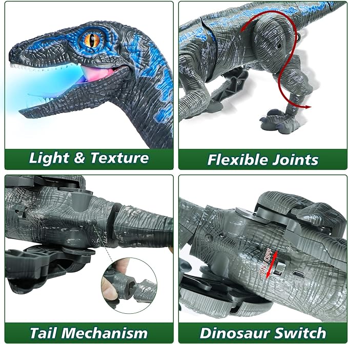 Remote Control Dinosaur Toys, Jurassic Roaring Walking Velociraptor RC Robot Toys for Kids 4+ Years Old