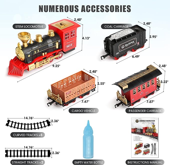 Train Set for Kids,with Steam Locomotive Engine, Cargo Car and Long Track for Toddlers, Train Toys with Steam, Light and Sounds, Christmas Gift for Kids, Boys & Girls 3-12 Years