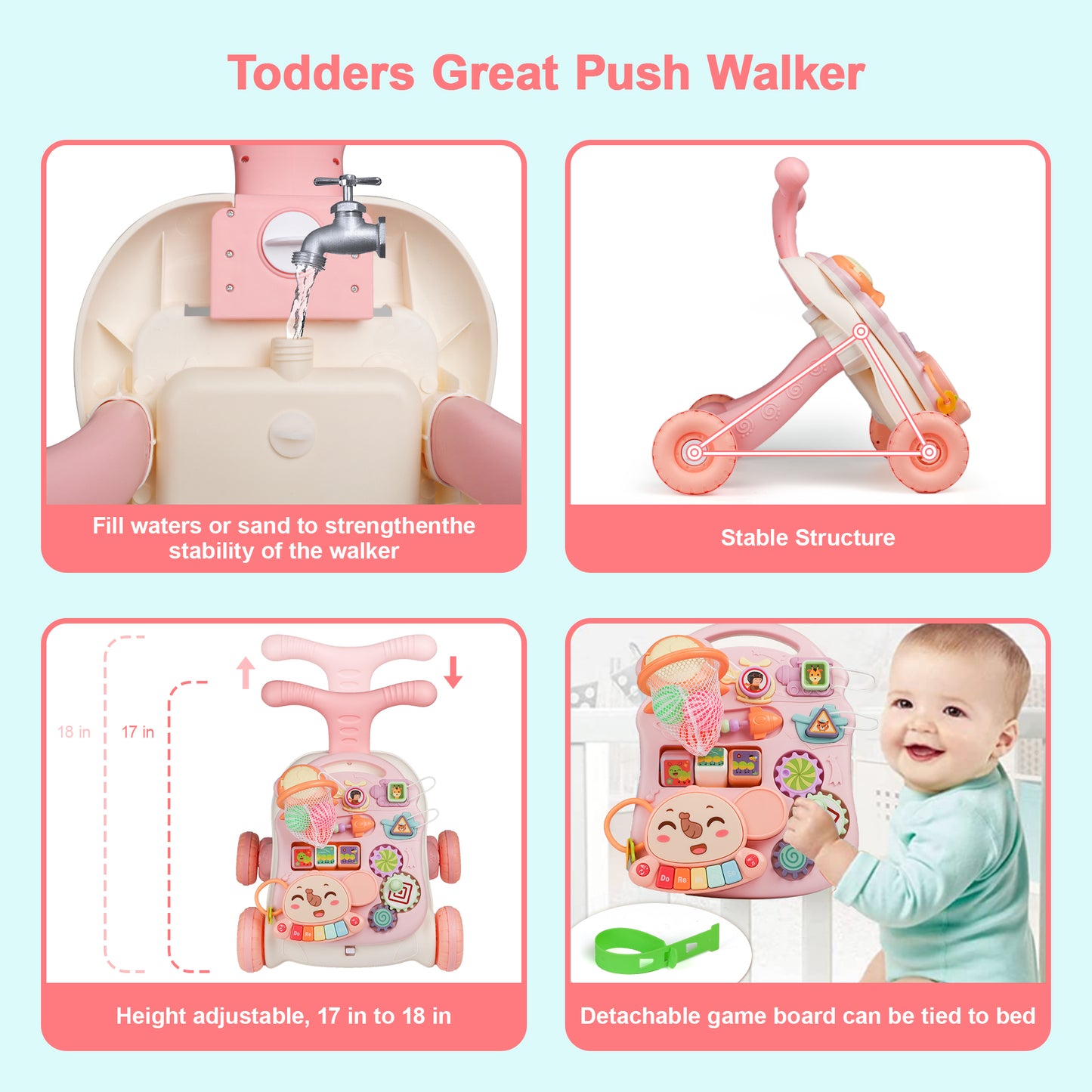3-in-1 Baby Walker and Learning Table Center, Perfect Learning Toys Christmas Gift for Infants 6-12 Months, 17.3 Inch Perfect for Early Development & Playtime for Girls Boys-Pink