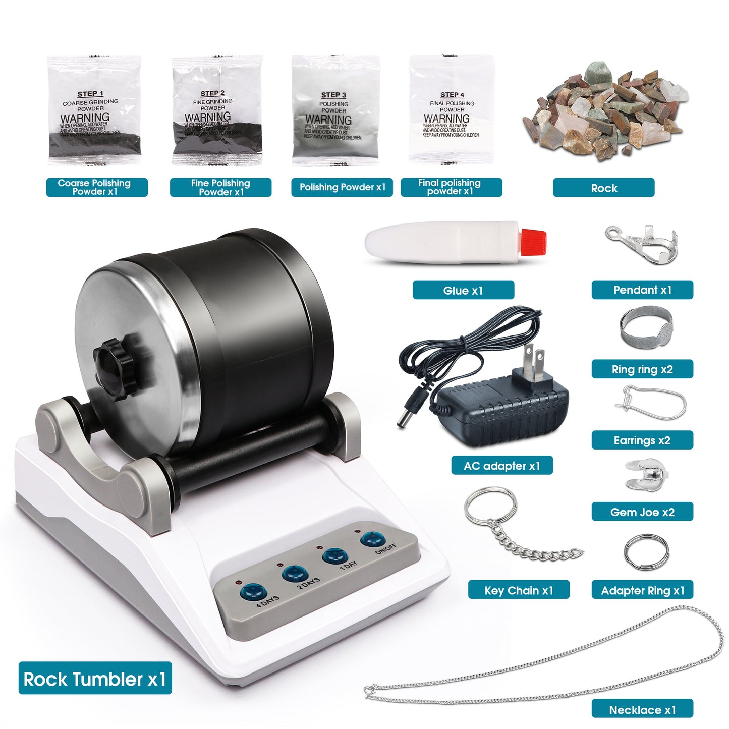 Rock Tumbler Polisher Science Kits Set for Kids and Adults, Tumbler Grits, Rocks & Jewelry Polishing Accessories Set