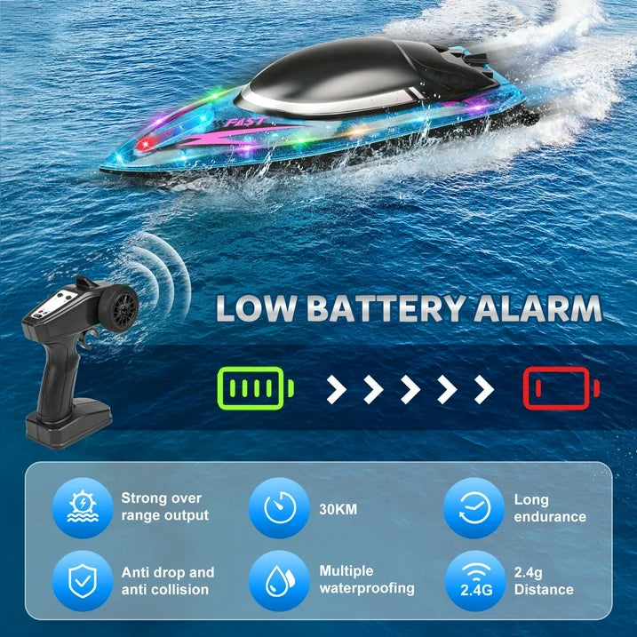 RC Boat for Kids 8-12, Fast Remote Control Boat for Water Pools with LED Lights, 2.4 GHz Racing Boats for Kids & Adults with Rechargeable Battery, Capsize Recovery, Gifts for Boys Girls