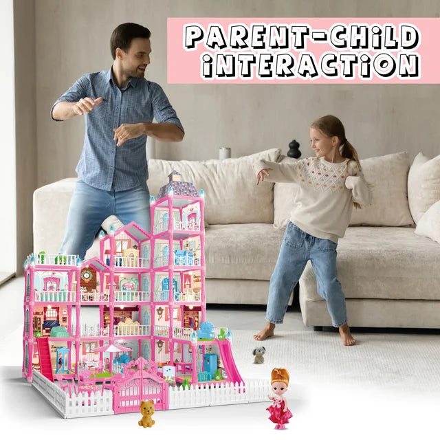 Dollhouse For Toddlers Girls With Lights 14 Rooms Pink Diy Pretend Play Building Playset, Doll House For Kids Girls Age 3+ Gift