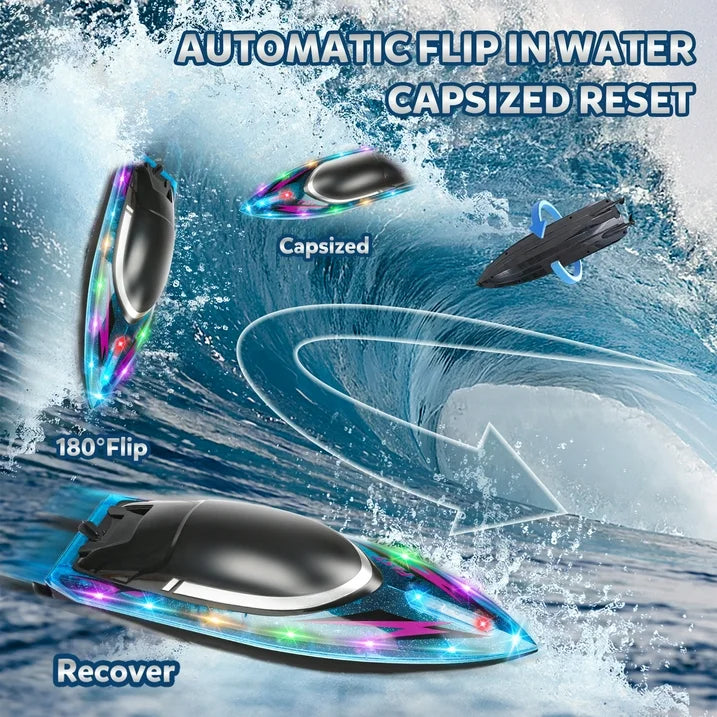 RC Boat for Kids 8-12, Fast Remote Control Boat for Water Pools with LED Lights, 2.4 GHz Racing Boats for Kids & Adults with Rechargeable Battery, Capsize Recovery, Gifts for Boys Girls
