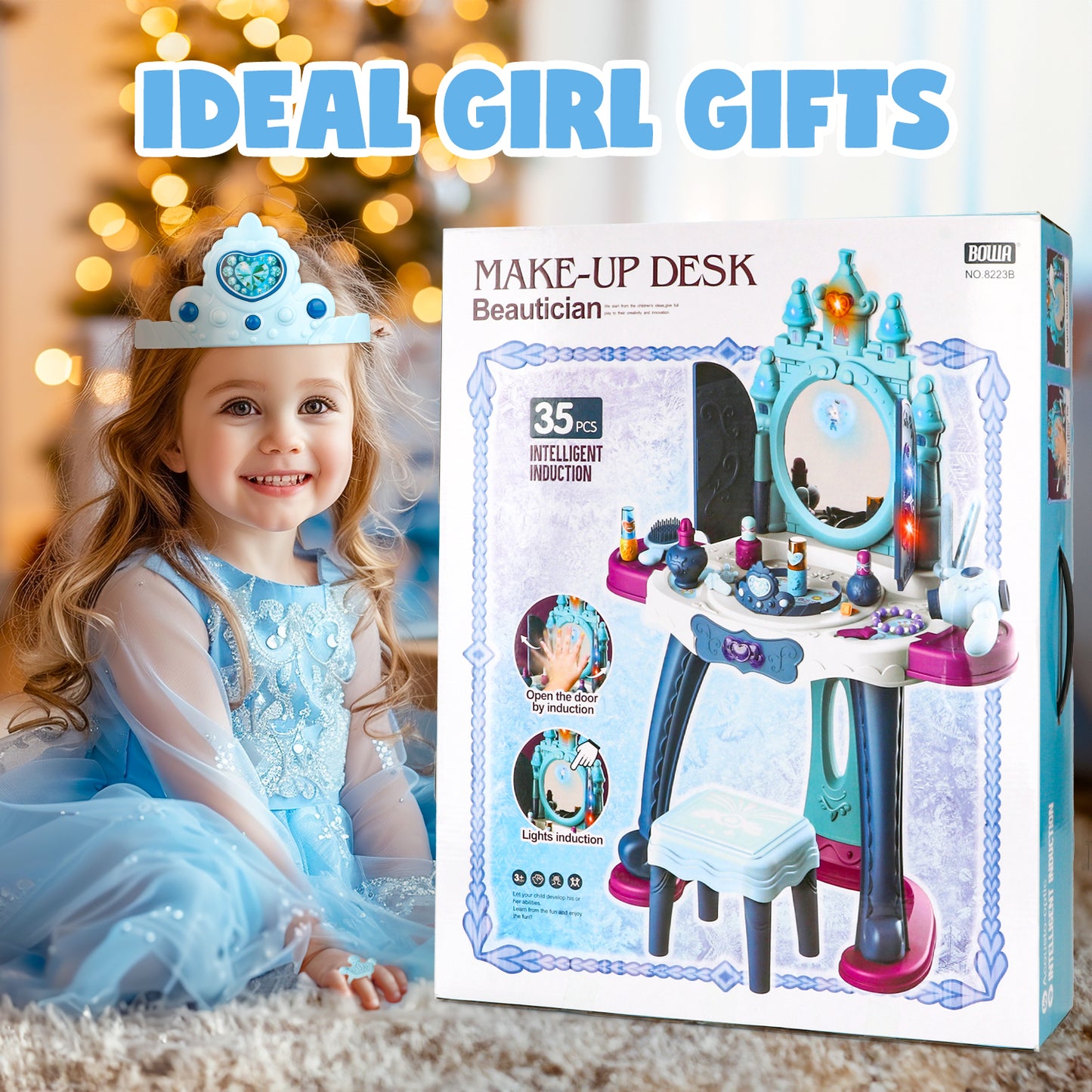 Kids Vanity Sets for Little Girls, Toddler Hair Salon Play Set with Chair, Light up Makeup Table with Mirror for Kids 2 3 4 5 Years Old, Princess Vanity Toy Set Gift for Girls