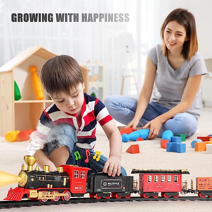 Train Set for Kids,with Steam Locomotive Engine, Cargo Car and Long Track for Toddlers, Train Toys with Steam, Light and Sounds, Christmas Gift for Kids, Boys & Girls 3-12 Years