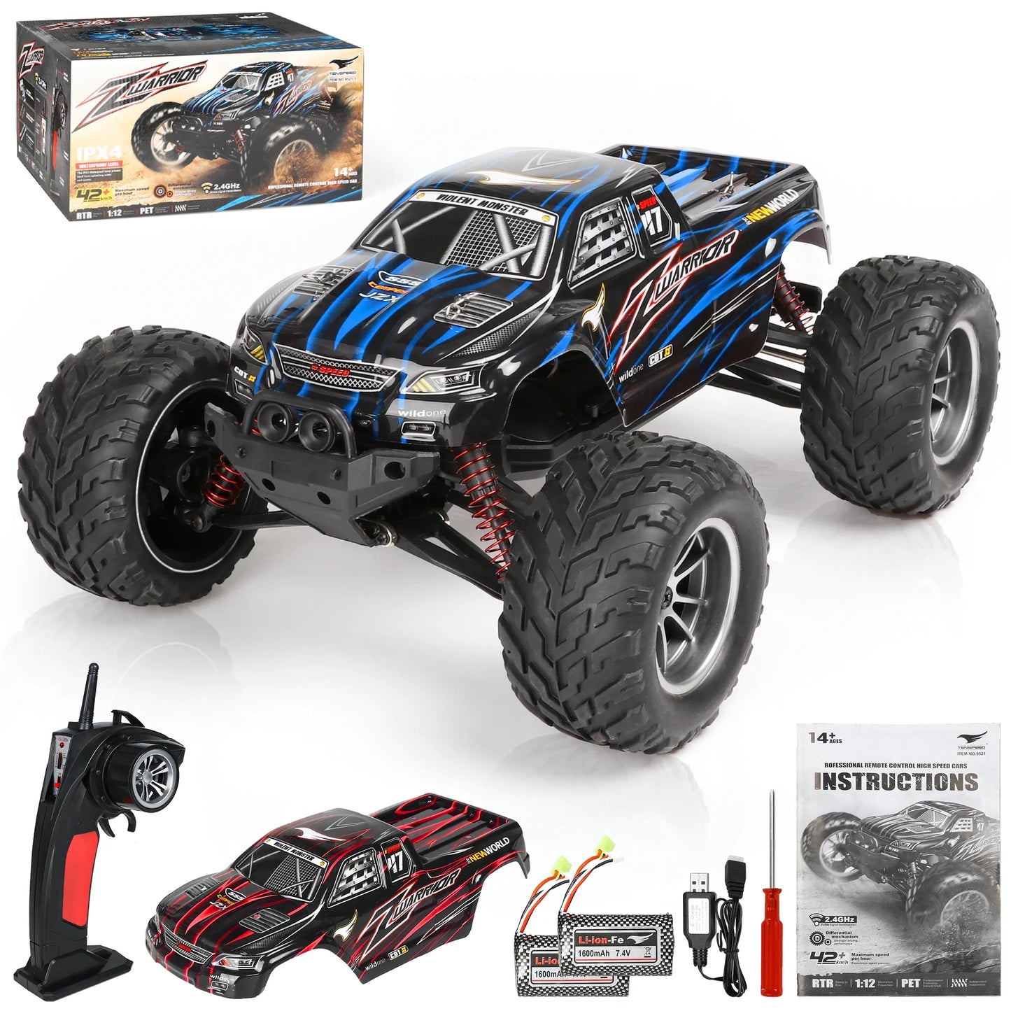 1:12 RC Cars for Adults&Kids 14+, 2 Rechargable Batteries RTR Off-Road RC Trucks, 42 Kmh All Terrains Remote Control Car Crawler, Christmas Gift for Boys 8-11 12+ (Red&Blue)