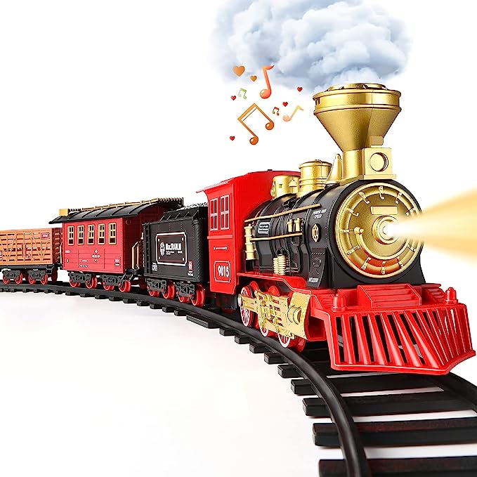 Train Set for Kids,with Steam Locomotive Engine, Cargo Car and Long Track for Toddlers, Train Toys with Steam, Light and Sounds, Christmas Gift for Kids, Boys & Girls 3-12 Years