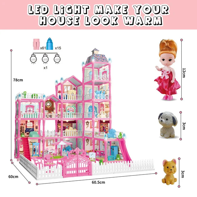 Dollhouse For Toddlers Girls With Lights 14 Rooms Pink Diy Pretend Play Building Playset, Doll House For Kids Girls Age 3+ Gift