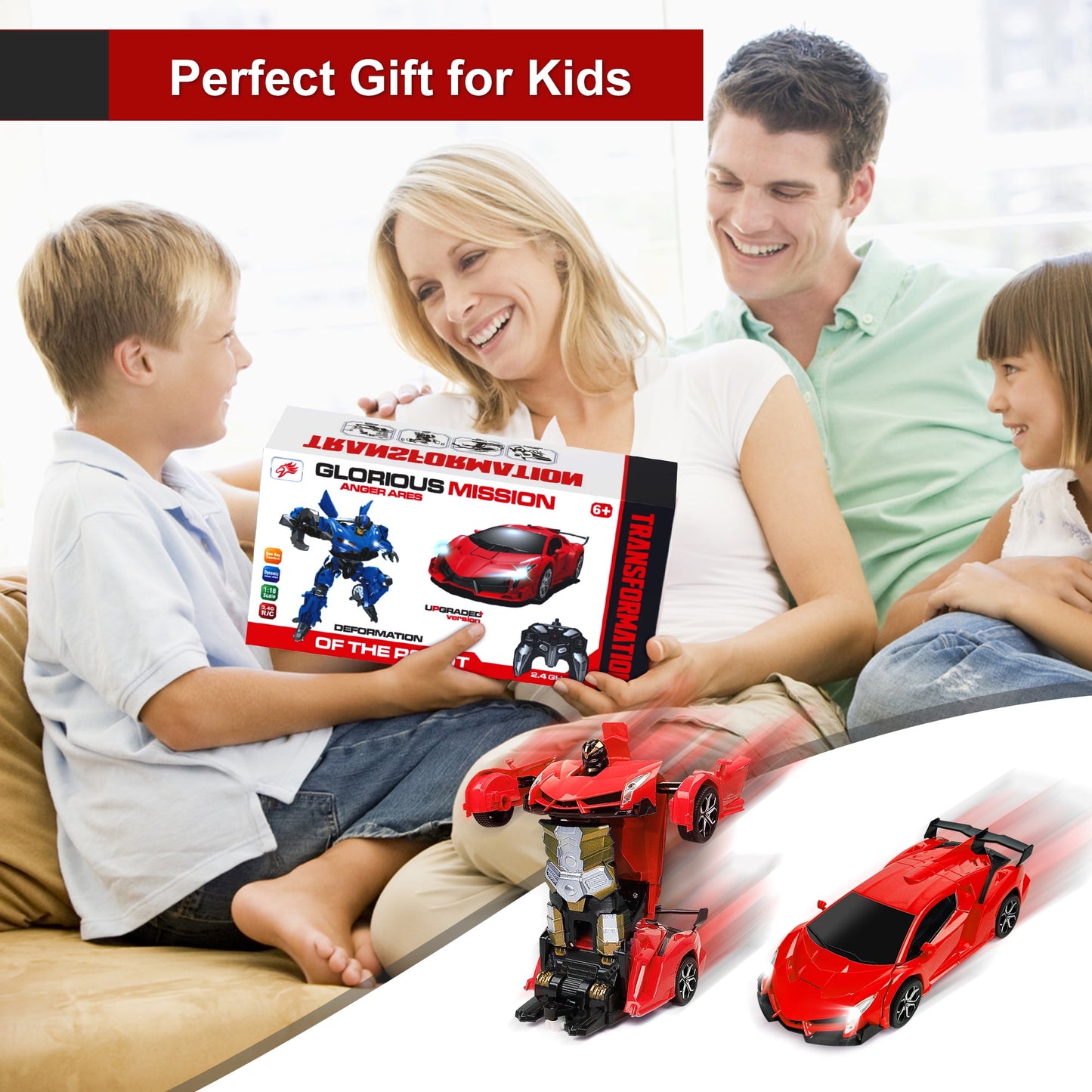 Remote Control Car,Transform Robot Toys 1:18 RC Cars for Kids,Red, 2.4Ghz 360°Rotating Stunt Race Car Toys for Kids Boys 5-8.