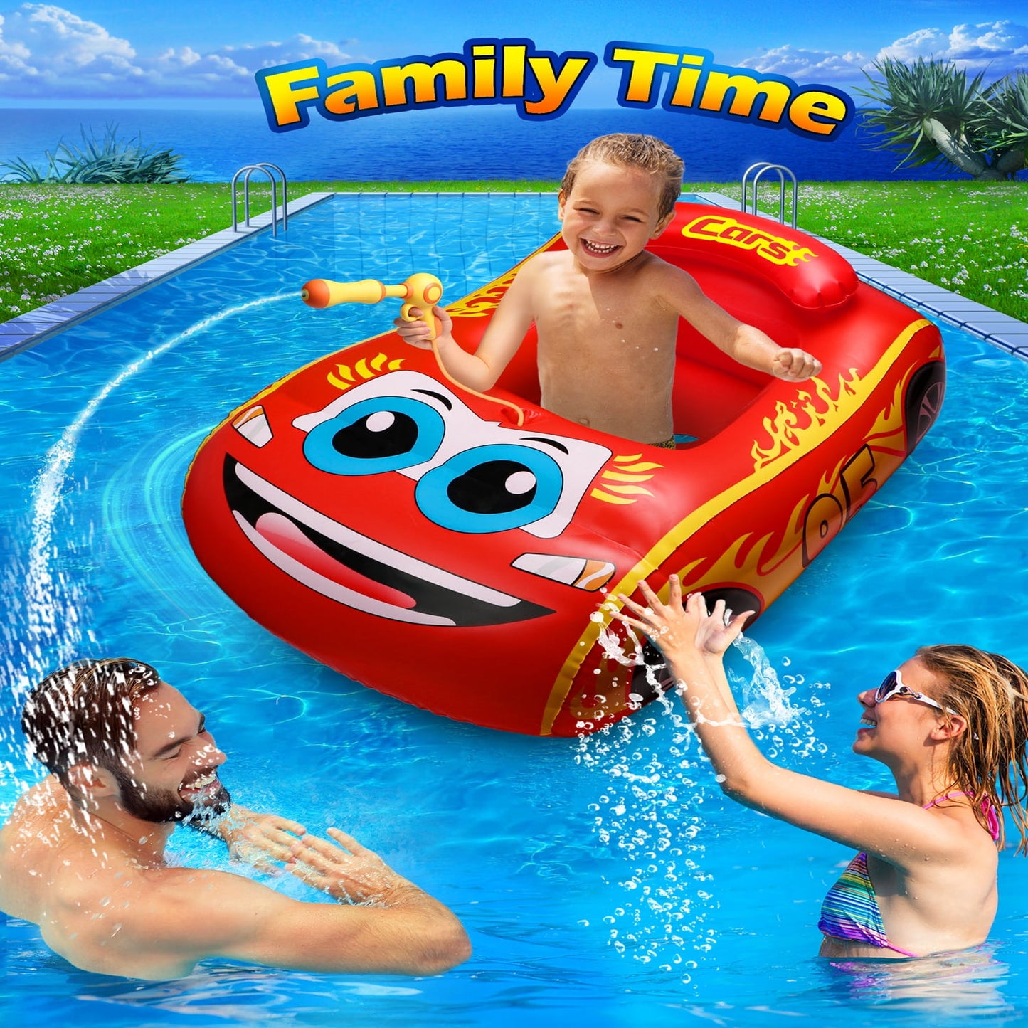 Baby Inflatable Pool Float,Car Shaped Baby Swimming Float with Steering Wheel for Toddler Aged 1-3 Years