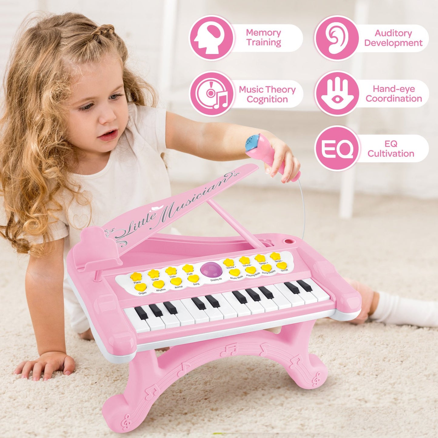 Hot Bee Musical Instrument with Microphone for Toddlers, Pink Baby Piano Keyboard Toys for Kids, Preschooler Music Learning Popular Piano Toys, Birthday Christmas Gift for Girls Boys Aged 3 4 5 6+