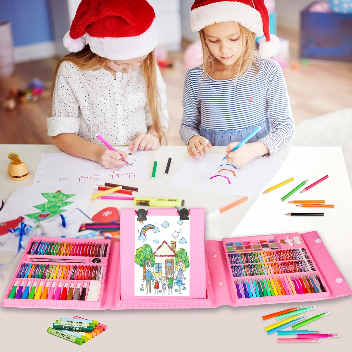 Art Set for Kids, Color Set with 208 Pcs Art Supplies, Pink Coloring Kit for Girls 4-6, Perfect Christmas Gifts Drawing Arts & Crafts Kit for School and Art Beginners 3+