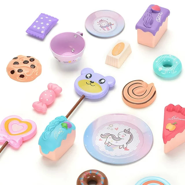 Unicorn Tea Party Set for Little Girls, 48pcs Princess Tea Time Kitchen Pretend Play Toys, Including Dessert Cookies Teapot, Birthday Gift for Girls Age 3-6