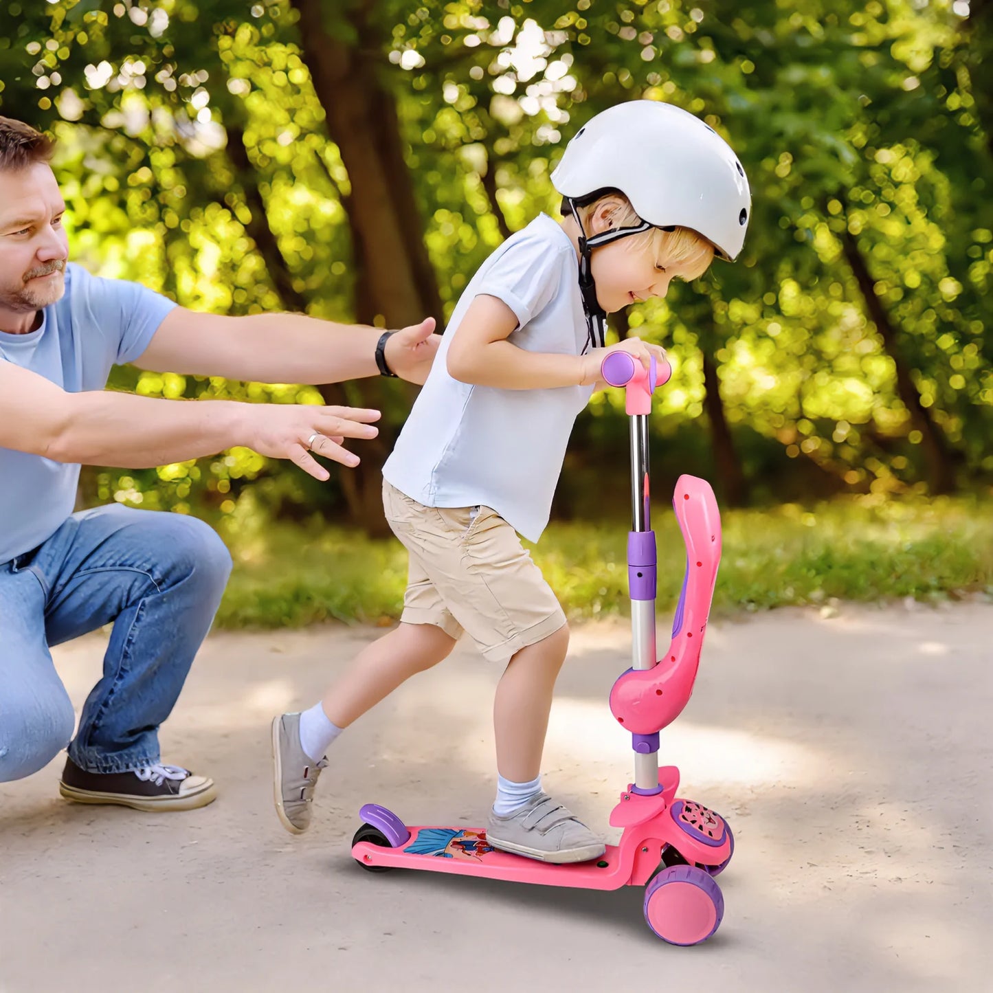Pink Kids Scooter with Adjustable Seat, Foldable Design, Music and Lights, LED Wheels, Outdoor Activities Toy for Girls/Boys Aged 2 3 4 5 6+, Birthday Christmas Gift for Girls 3+