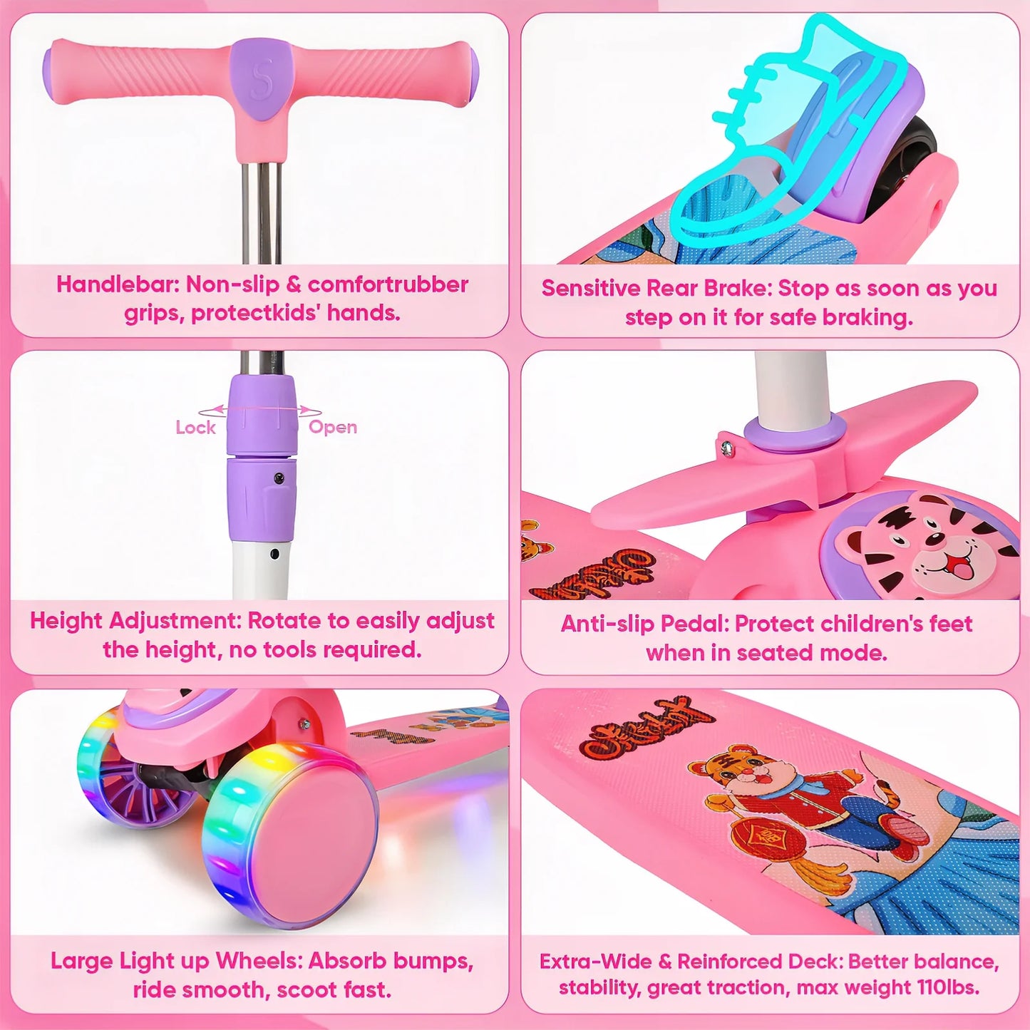 Pink Kids Scooter with Adjustable Seat, Foldable Design, Music and Lights, LED Wheels, Outdoor Activities Toy for Girls/Boys Aged 2 3 4 5 6+, Birthday Christmas Gift for Girls 3+