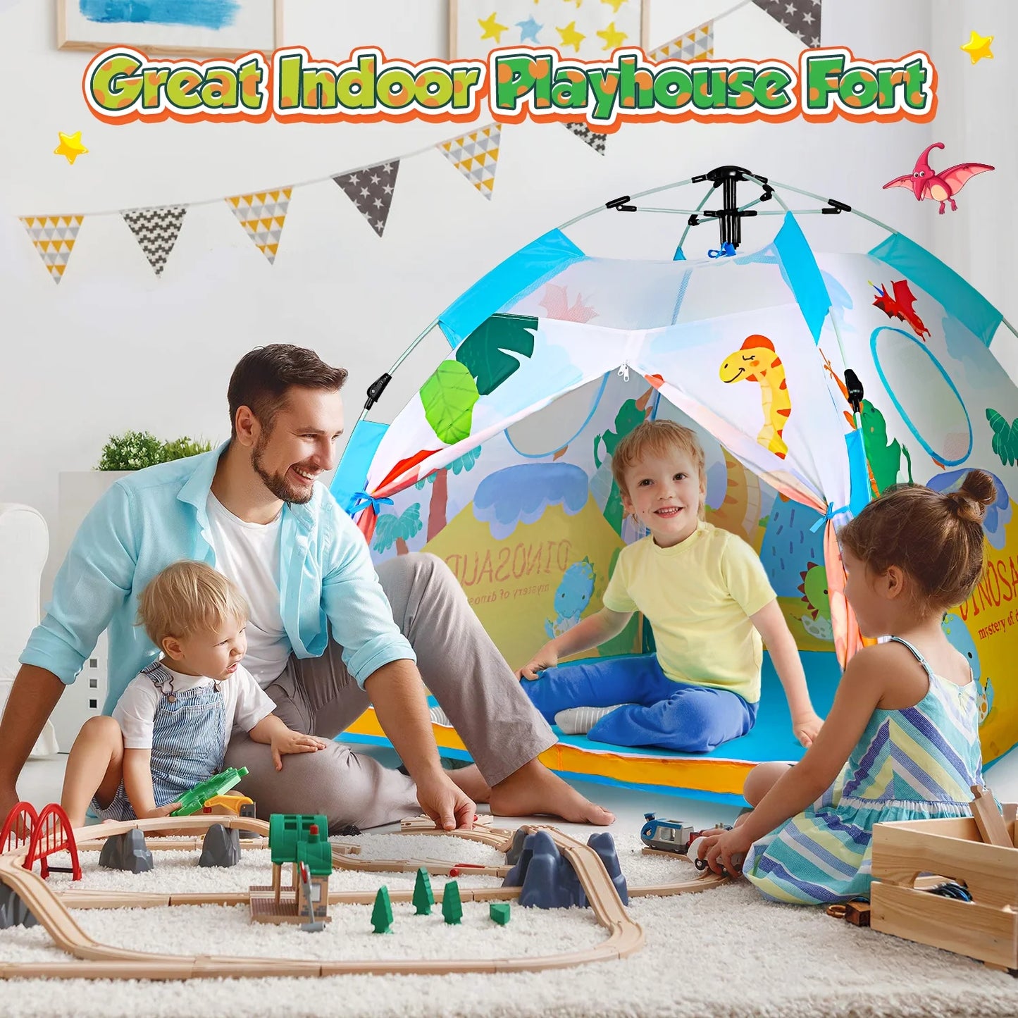 Dinosaur Kids Play Tent, Foldable Playhouse for Toddlers, Indoor & Outdoor Auto Pop up Tent Set with Carrying Bag, Birthday Party Christmas Gift for Boys Girls Ages 3 4 5 7 8