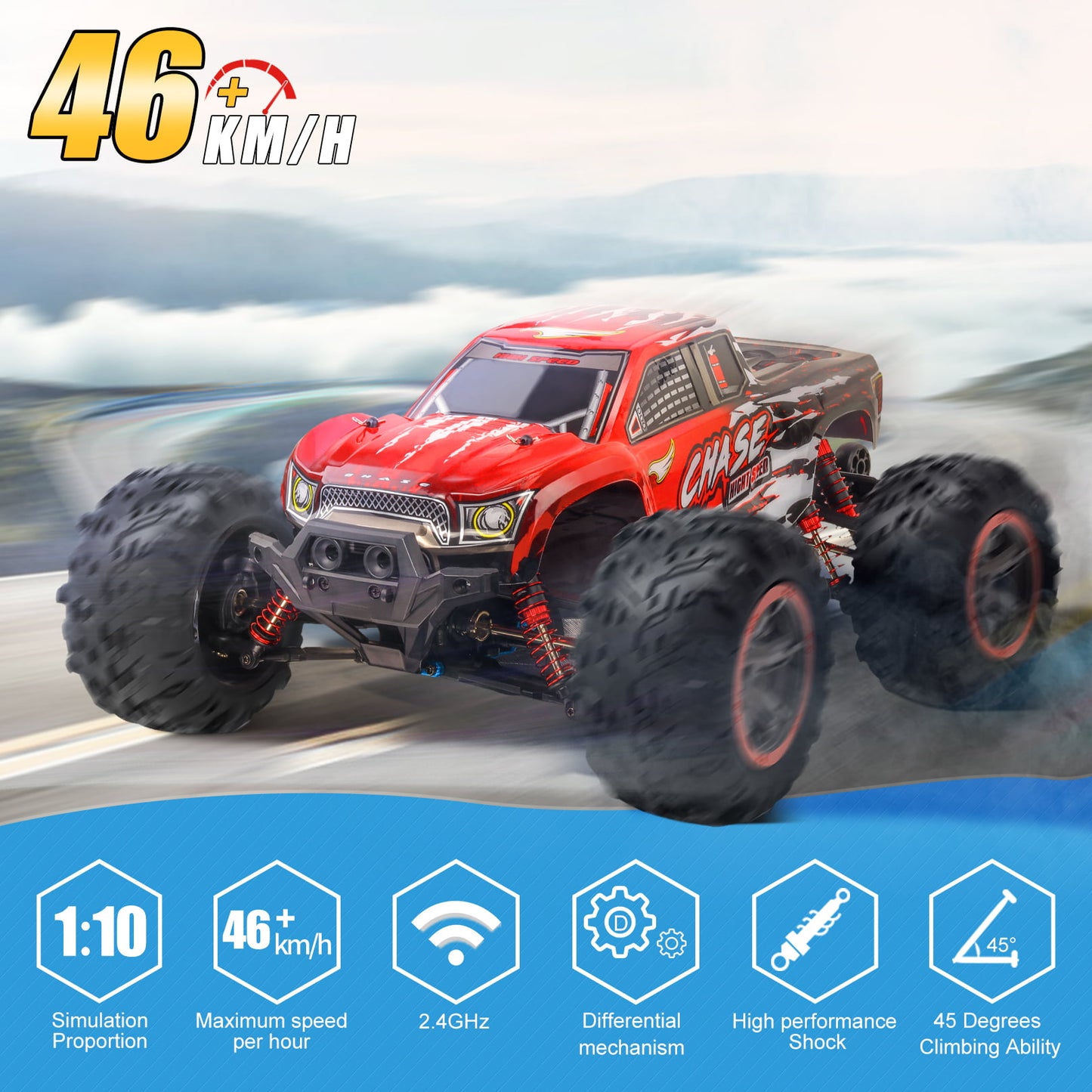 Remote Control Car High Speed RC Cars, 1:10 Scale 46KM/H 4WD Off Road Monster Trucks,Gift for Boys Adults