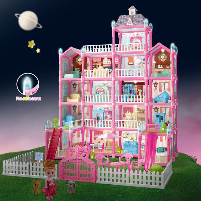 Dollhouse For Toddlers Girls With Lights 14 Rooms Pink Diy Pretend Play Building Playset, Doll House For Kids Girls Age 3+ Gift