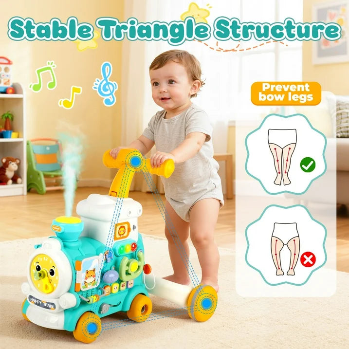 3-in-1 Baby Push Walker & Learning Activity Center, Sit-to-Stand Toddler Walking Toy with Music, Lights & Steam Spray, Educational Push Toy Gift for Boys & Girls 6–18 Months