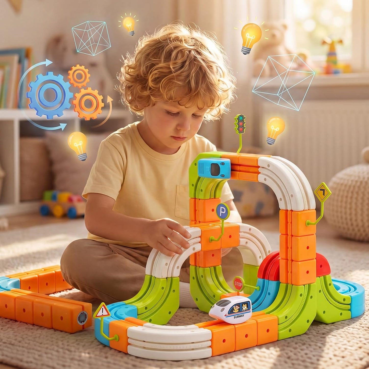 Hot Bee Electric Train Set for Kids, 93pcs Gravity-Defying Race Track | 3D STEM Toy Train Track for Kids, Building Train Toys for Toddlers, Birthday Gifts for 3 4 5 6 7 8+ Year Old Boys Girls