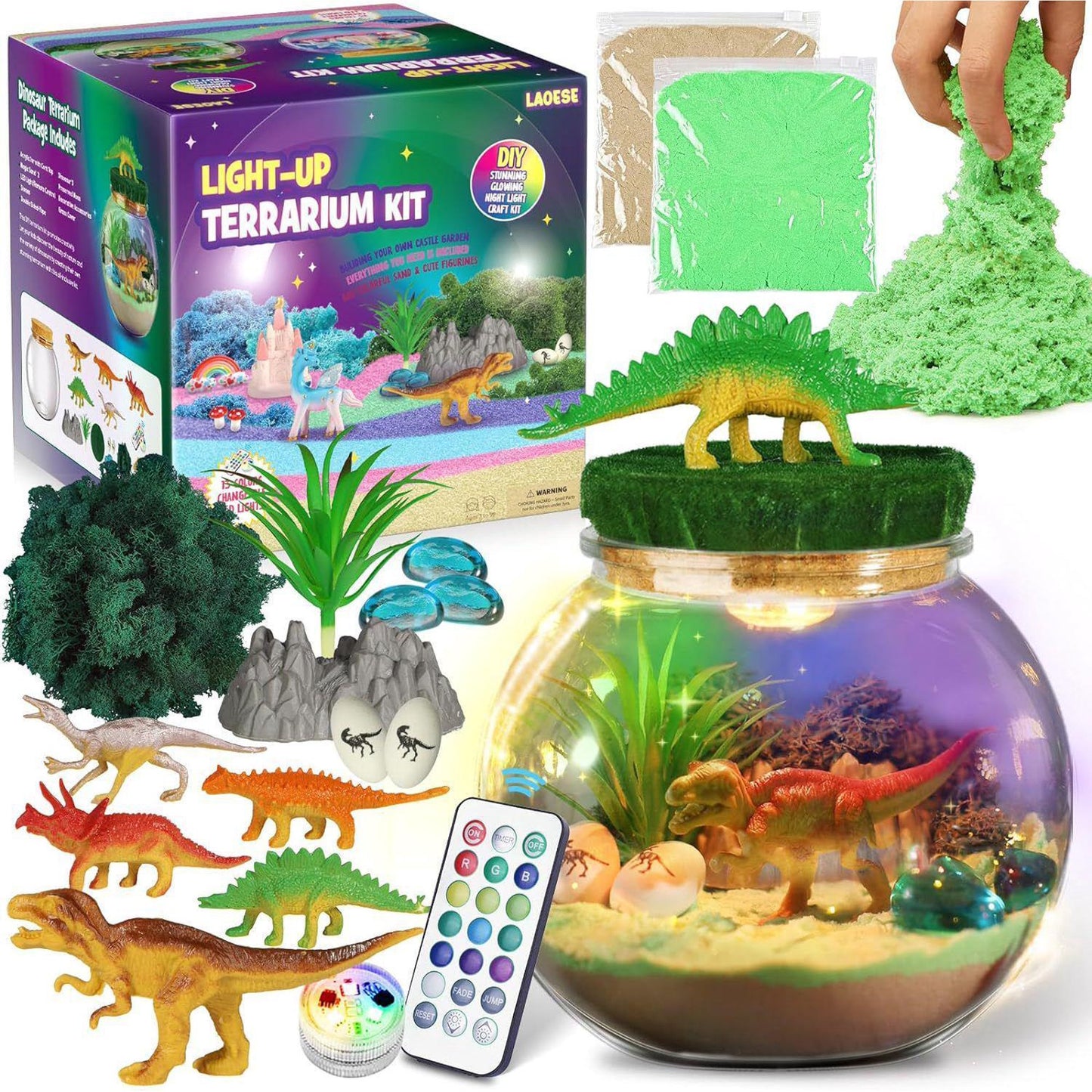 Hot Bee Light-up Dinosaur Terrarium Kit for Kids, Dinosaur Toys Christmas Gift for Boys 3+, Birthday Gifts DIY Toys Arts and Crafts Kits for Kids 4 5 6+