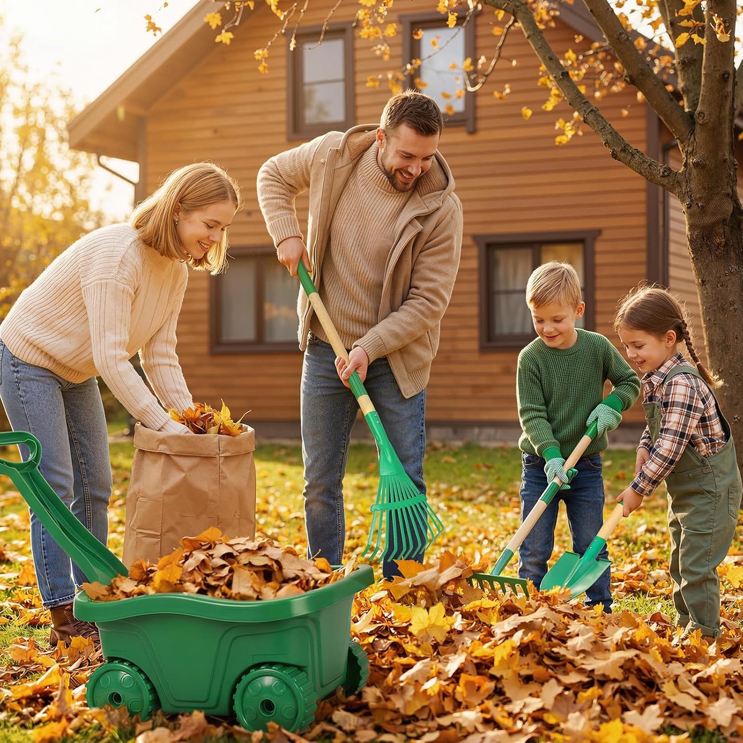 Hot Bee Wheelbarrow for Children, 7-Piece Garden Tool Set, Children's Wheelbarrow with Metal Shovel, Rake, Leaf Rake & Watering Can, All Year Round for Garden, Sandpit & Snow, Outdoor Toy from 3 Years